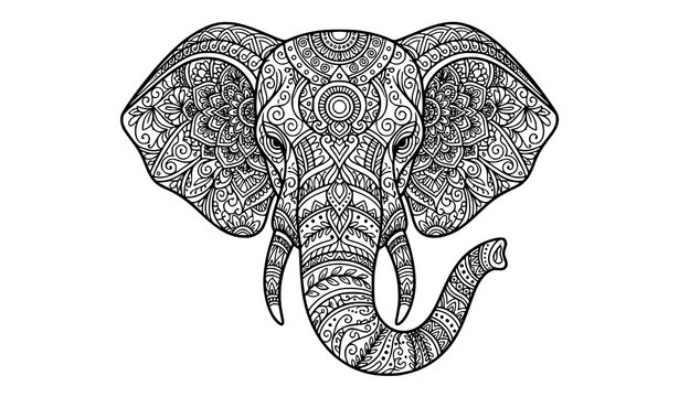 Majestic elephant line art vector illustration with detailed mandala and tribal zentangle patterns for adult coloring book pages