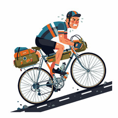 Obraz premium Exhausted male cyclist riding loaded touring bicycle uphill with heavy bags and gear.