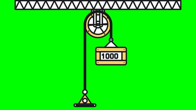 2D animation of pulley system lifting heavy 1000 weight crate on green screen.