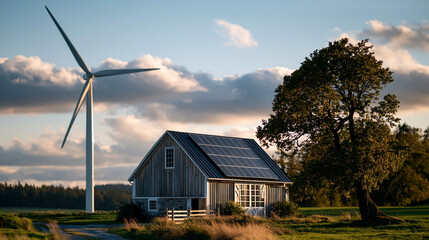 Obraz premium Single wind turbine beside a solar paneled barn in a green rural landscape under a bright sky distant wide shot renewable energy wind and solar clean energy sustainable farm