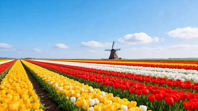 Colorful tulip field with windmill