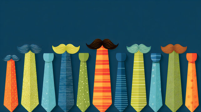 Set of colorful ties with mustaches on a blue background, fathers day concept, creative design for greeting cards, posters and banners