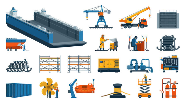 Flat Vector Industrial  Shipbuilding Equipment Icon Set. Maritime Logistics, Port Tools  Processes Collection