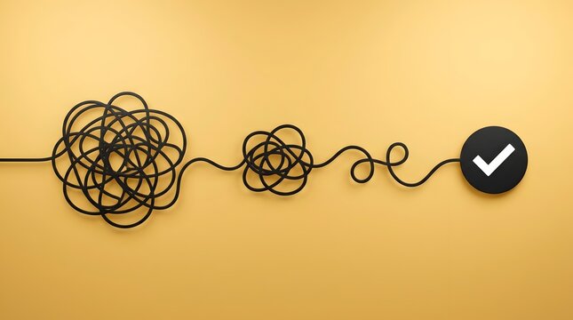 Tangled wire becoming straight line with checkmark on yellow background. Concept of business problem solving and workflow optimization.