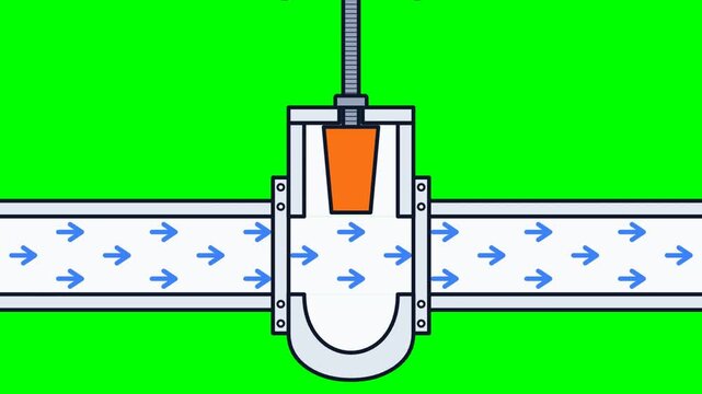 Animated 2D illustration showing fluid flowing freely through an open pipe valve cross-section on a green background.