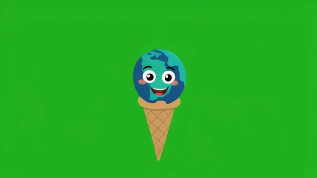 Animated blue planet ice cream cones dancing on green screen background with black bars