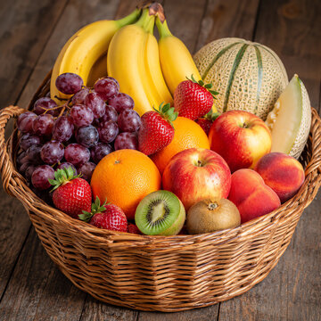 Fresh Mixed Fruit Basket with Apples Bananas Grapes Kiwi Orange and Melon