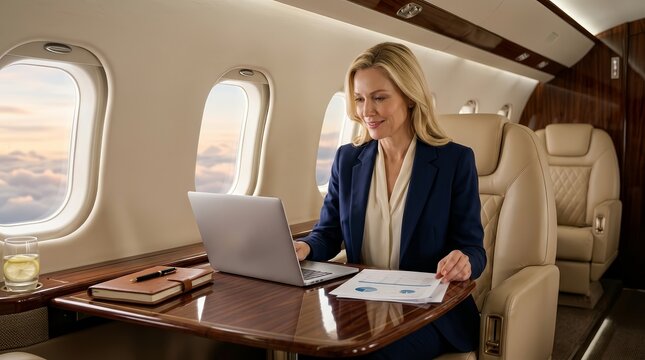 A professional businesswoman working with a laptop and documents on a private jet