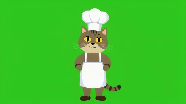Animated Chef Cat character in chef hat and apron cooking against green screen background