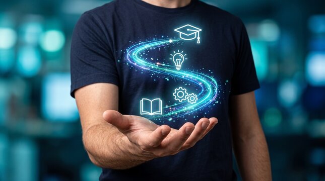 Digital education and learning concept with icons in a hand