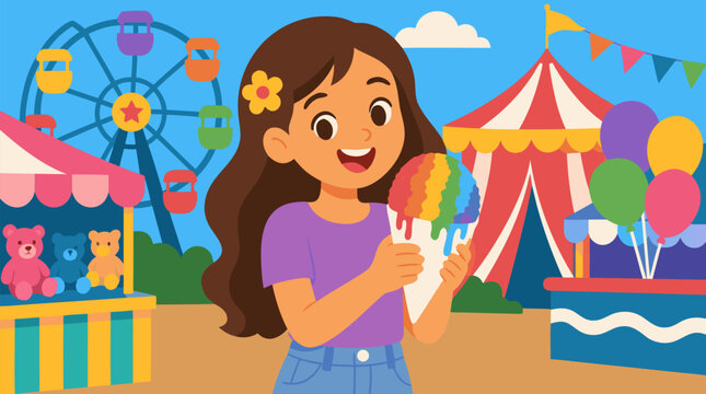 A delighted girl holding a brightly colored dripping rainbow snow cone at a lively summer fair, evoking nostalgia, childhood joy, and warm-weather fun for seasonal retail and event promotions as a cle