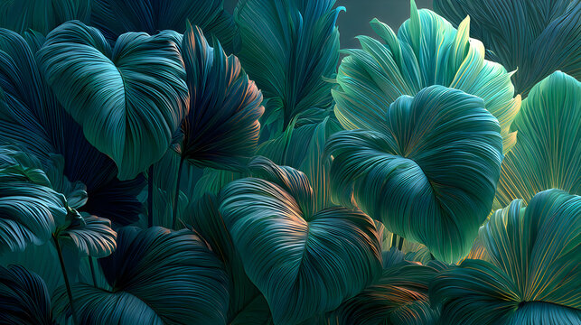 Abstract tropical leaves background, lush foliage with deep teal and emerald green tones, intricate leaf vein patterns, cinematic lighting, highquality digital art wallpaper