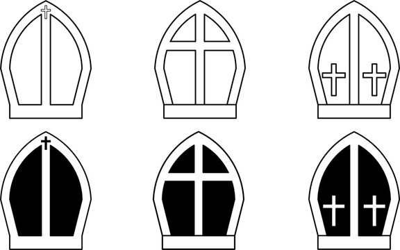 mitre or miter or mitra icon set. vector illustration in outline and silhouette