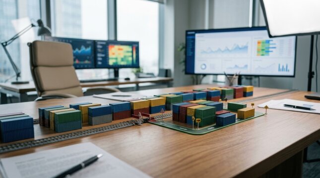 supply warehousing costs. Office desk with container model and multiple computer screens displaying data and graphs in the background.