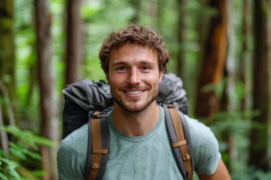 Portrait of a smiling caucasian man with a backpack exploring a dense green forest during a summer hiking trip
