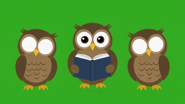 Animated educational owls reading books in sequential rows against a green background