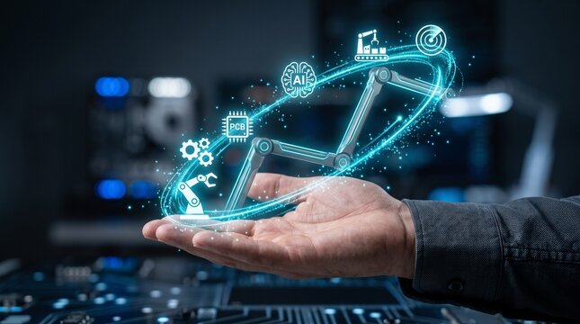 Futuristic robotic arm technology concept with digital ai integration