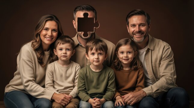 A warm family portrait featuring a smiling couple and their three children, with one child's face cleverly obscured by a puzzle piece.