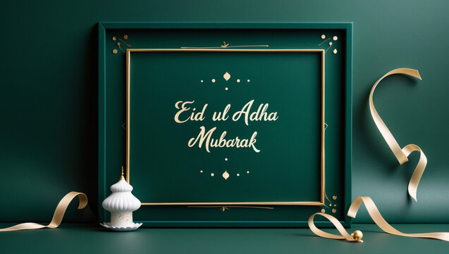Eid ul adha mubarak greeting card with gold decorations and white mosque model