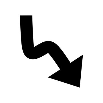 Arrow Decline Curve icon featuring a downward curved arrow symbolizing decreasing performance, business decline, negative trends, and financial downturns. Premium black and white vector illustration i