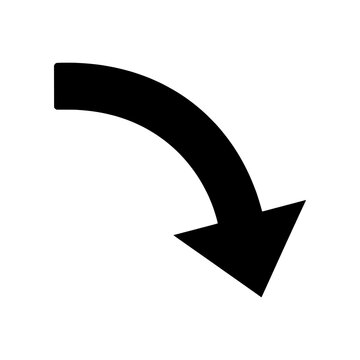 Arrow Decline Curve icon featuring a downward curved arrow symbolizing decreasing performance, business decline, negative trends, and financial downturns. Premium black and white vector illustration i