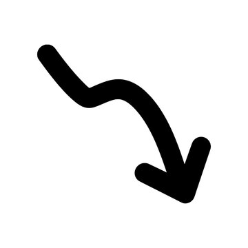 Arrow Decline Curve icon featuring a downward curved arrow symbolizing decreasing performance, business decline, negative trends, and financial downturns. Premium black and white vector illustration i