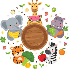 Obraz premium Cute Animals with Fruits and Vegetables Around Wooden Circle Frame Including Elephant Giraffe Hippo Tiger and Zebra for Kids and Children Designs