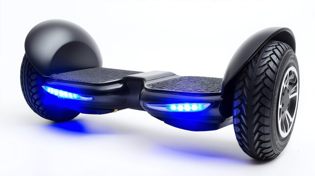 Black hoverboard with blue lights isolated on white, self-balancing scooter