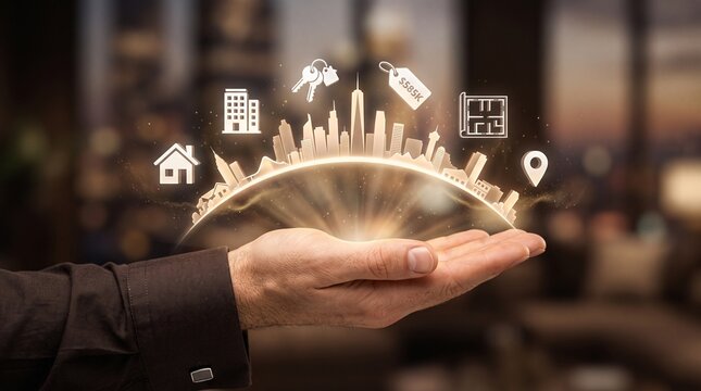 Real estate agent holding a glowing miniature city skyline in his hand