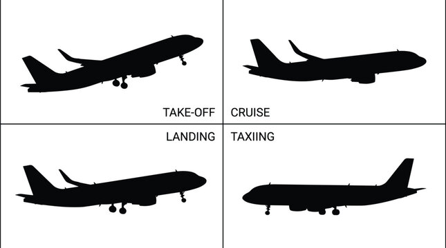 Airplane Flight Phases Silhouette Set Showing Takeoff Cruise Landing and Taxiing