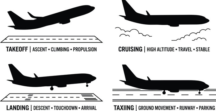 Airplane Flight Phase Silhouette Infographic with Takeoff Cruising Landing and Taxiing