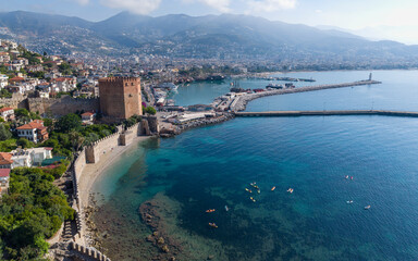 Obraz premium Historic Seljuk Shipyard of Alanya on Mediterranean Coast, Antalya, Turkey – Aerial Drone View