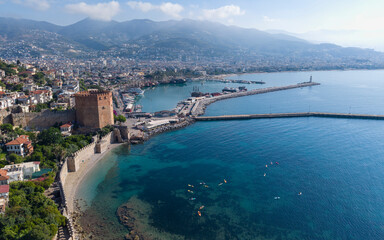Fototapeta premium Historic Seljuk Shipyard of Alanya on Mediterranean Coast, Antalya, Turkey – Aerial Drone View