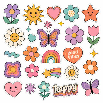 Collection of retro 70s groovy stickers featuring smiley sun, colorful flowers, rainbows, butterflies, hearts, and positive quotes on white.