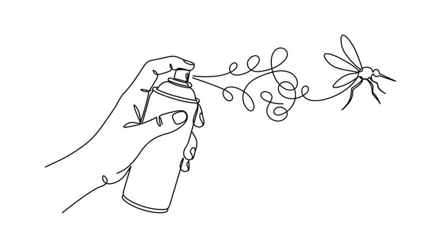 Continuous line drawing of a hand spraying insecticide at a mosquito.