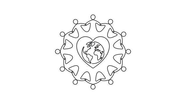 A continuous line drawing of people holding hands around a heart containing the earth.