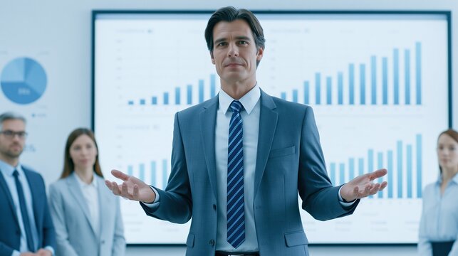 Professional business leader presenting growth data with bar and pie charts while team stands behind in modern corporate office showing confident business strategy and analysis work