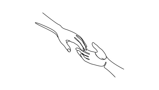 Minimalist continuous line drawing of two hands reaching out to touch each other.