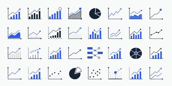 A grid of data visualization icons in blue and gray. It includes various bar charts, line graphs, pie charts, donut charts, and scatter plots, each representing different statistical.