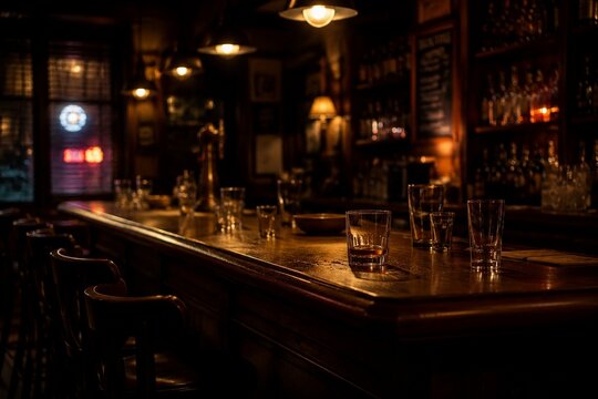 An empty wooden bar at night with scattered glasses under warm lighting.