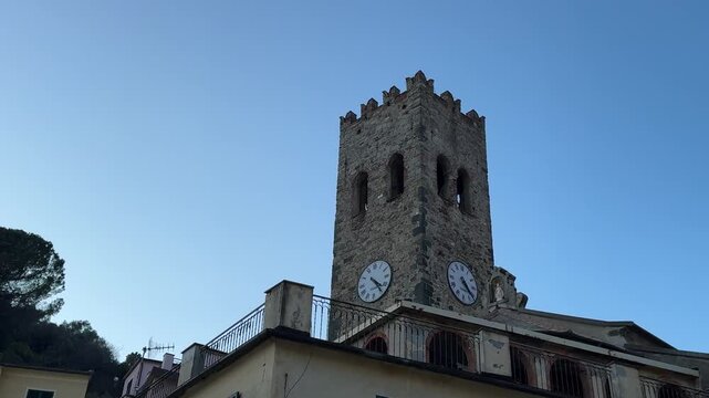 Historic Bell Tower and Clock Face in the Village of Cinque Terre Italy