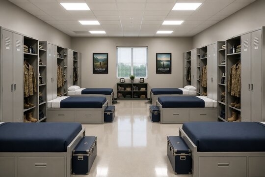 Immaculate modern barracks room with perfectly made beds and lockers.