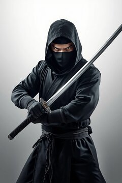 Ninja in black costume holding a katana sword