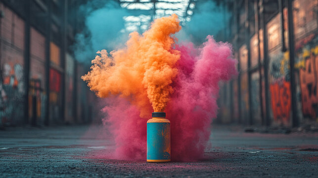 Colorful smoke bomb exploding in abandoned factory