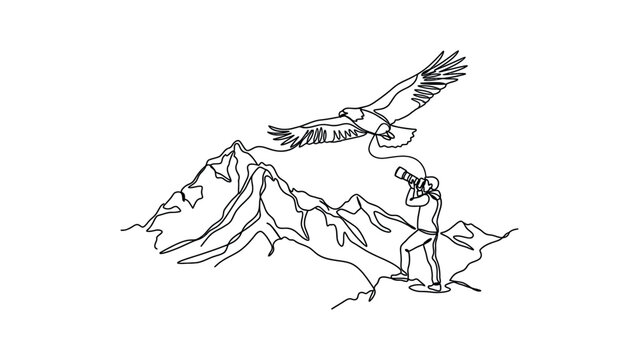 Continuous line drawing of a photographer capturing a soaring eagle above mountain peaks.