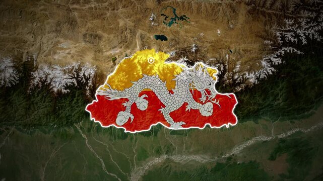 Bhutan Country Map with National Flag and Dragon Symbol on Satellite Terrain Background.
