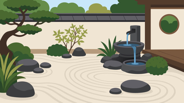 A tranquil zen garden with carefully raked sand patterns, smooth polished stones, and a small trickling fountain set in a peaceful courtyard, perfect for mindfulness and wellness brands as a clean fla