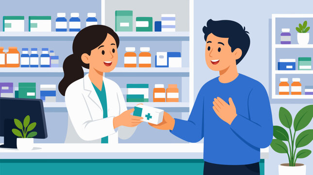 A friendly pharmacist handing a medicine package to a grateful customer across a bright pharmacy counter, ideal for healthcare, wellness, and community service visuals as a clean flat vector illustrat