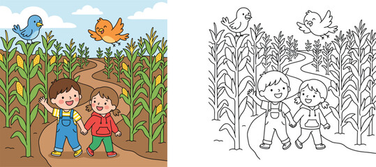 Obraz premium Coloring page and colored version of happy kids walking in a cornfield maze, cartoon vector illustration for children activity book or worksheet.