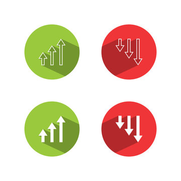 Business trend arrow icon with long shadow. Upward and downward arrows symbol